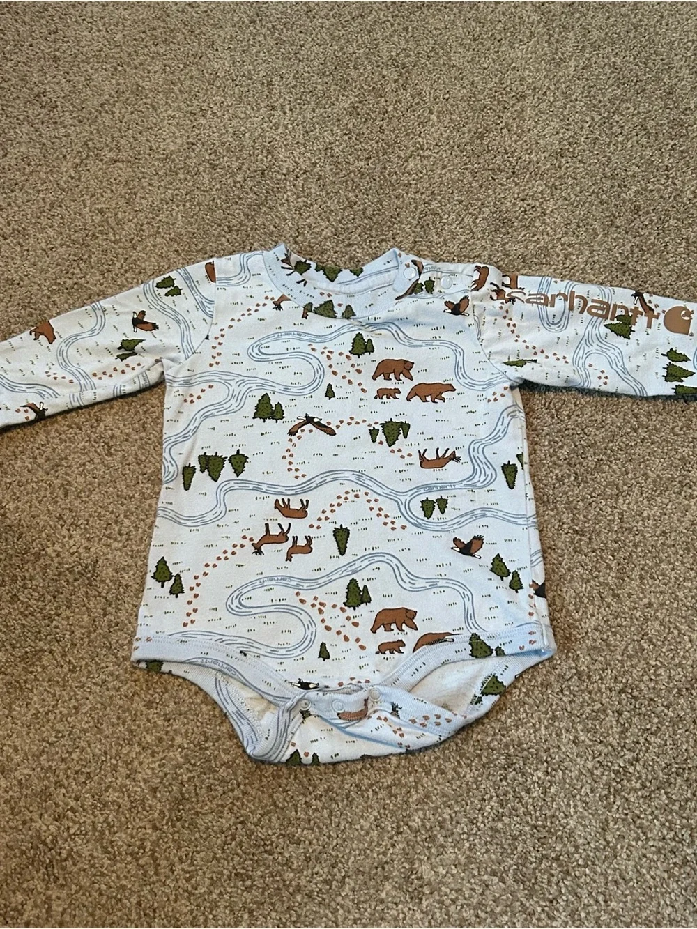 Carhartt Light Blue Baby Bodysuit with Brown & Green Woodland Print